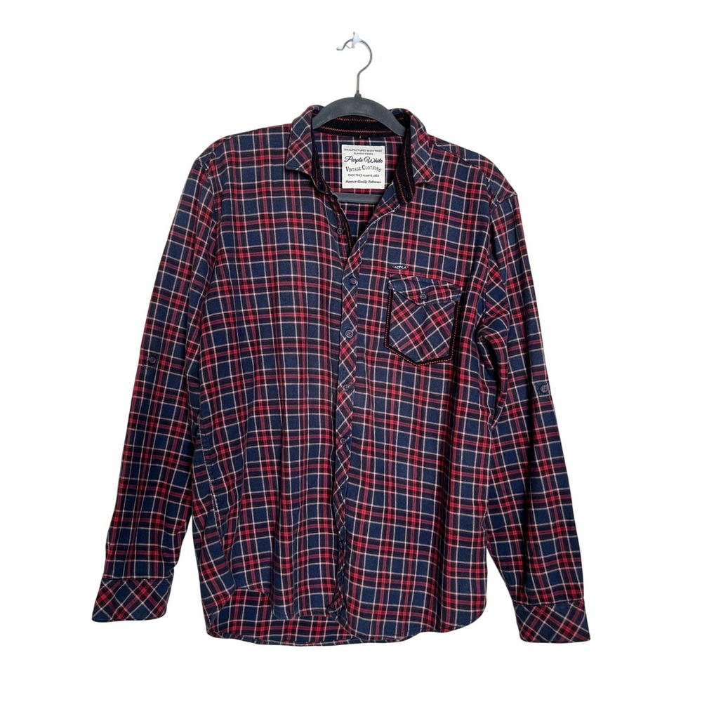 Purple White Vintage Clothing Plaid Button Down Shirt Navy Red XL 42 Long Sleeve